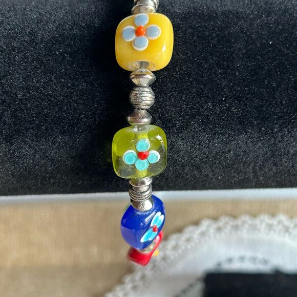 Colorful Square Flower Glass Beaded Bracelet 925 Sterling Clasp - Picture 7 of 11